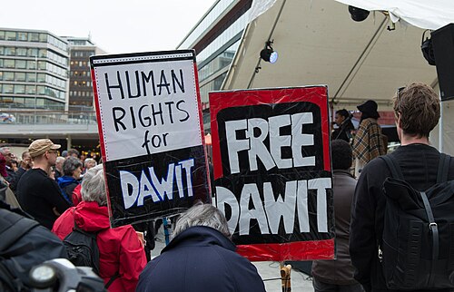 Placards at a demonstration for Dawit Isaak in Stockholm, 2015